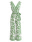 Grüner ärmelloser 70er Jumpsuit mit Blumenmuster, V-Ausschnitt und weitem Bein