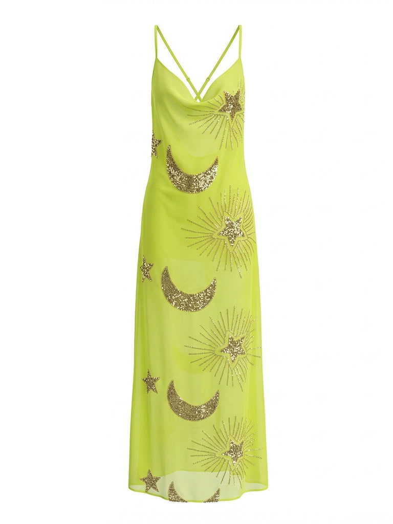 1970er Sheer Celestial Besticktes Pailletten Maxi Cover-Up Kleid