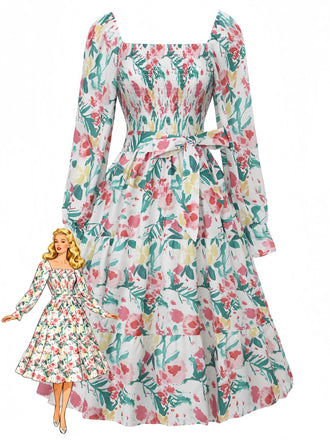 Grün 1940er Blumen Schnürung Quadratischer Hals Glockenärmel Kleid-model