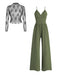 Das zweiteilige Set aus Spitzentop und weitem Jumpsuit in einem eleganten Olivgrün.
