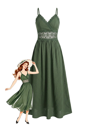 Grünes 30er Smockkleid mit V-Ausschnitt und Patchwork
