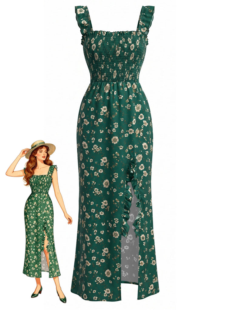 Grünes 30er Kleid mit Ditsy-Blumen und Eckiger Ausschnitt