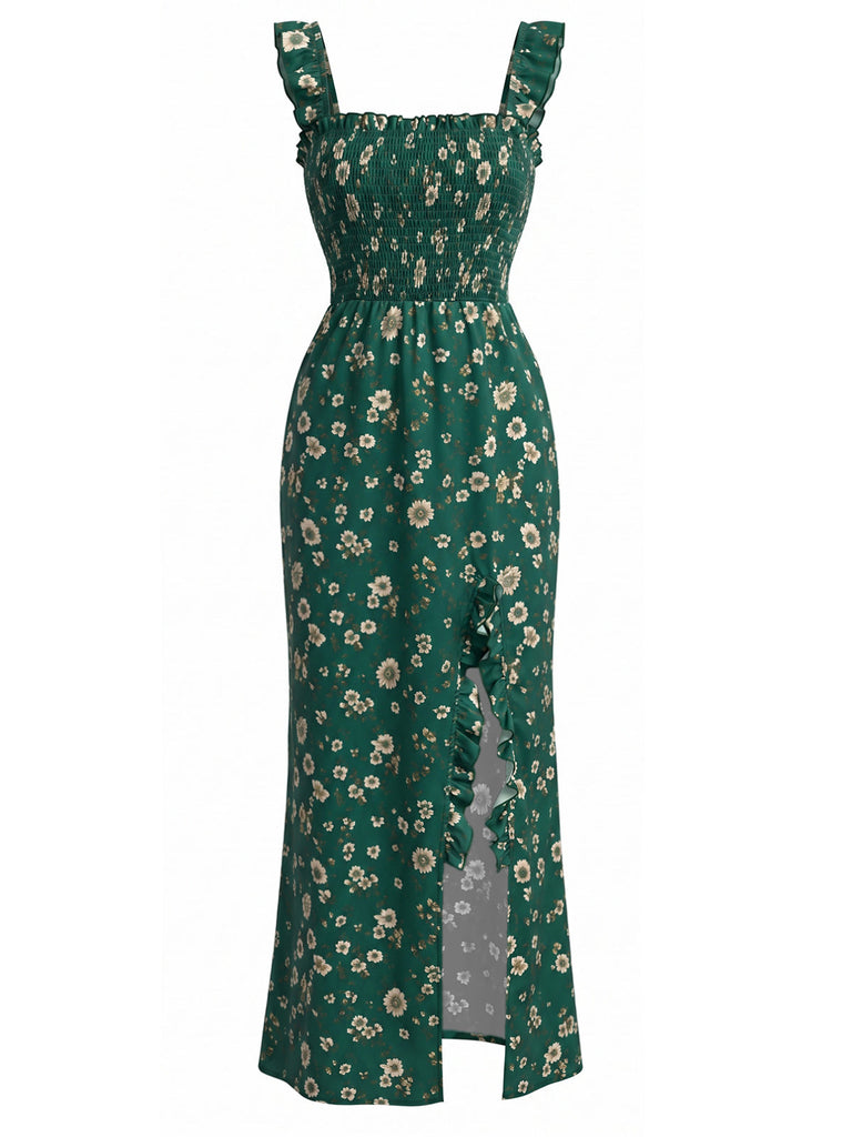 Grünes 30er Kleid mit Ditsy-Blumen und Eckiger Ausschnitt