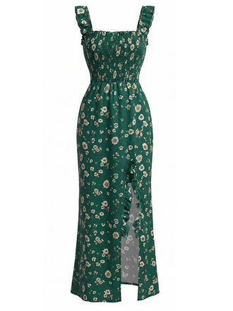 Grünes 30er Kleid mit Ditsy-Blumen und Eckiger Ausschnitt