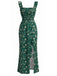 Grünes 30er Kleid mit Ditsy-Blumen und Eckiger Ausschnitt