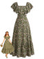 Grünes 40er Kleid mit Ditsy-Blumen und Rüschenärmeln