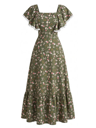 Grünes 40er Kleid mit Ditsy-Blumen und Eckiger Ausschnitt