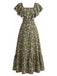 Grünes 40er Kleid mit Ditsy-Blumen und Eckiger Ausschnitt