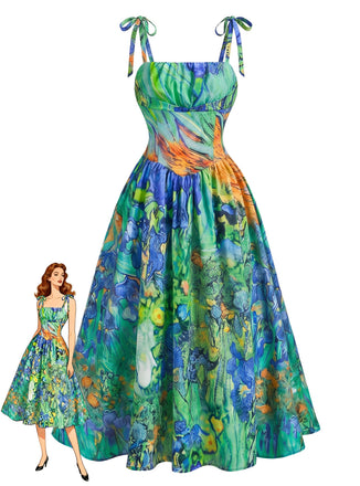 Grünes 50er Kleid mit Spaghettiträger und Blumen