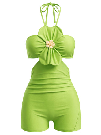 Grüner 60er Badeanzug mit Neckholder und Blumen