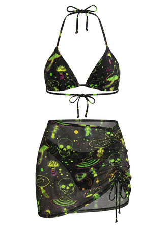 Grünes 60er Netz-Bikini-Set mit Neckholder und Totenkopf