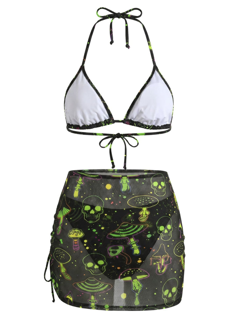 Grünes 60er Netz-Bikini-Set mit Neckholder und Totenkopf