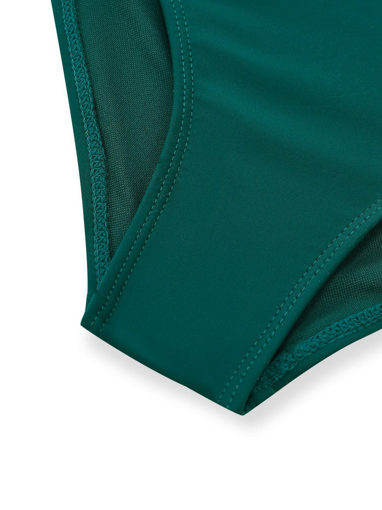 Grün-kariertes Neckholder-Bikini-Oberteil aus den 1960er Jahren, tief ausgeschnittenes, gerafftes Bikinihöschen (Nahaufnahme)