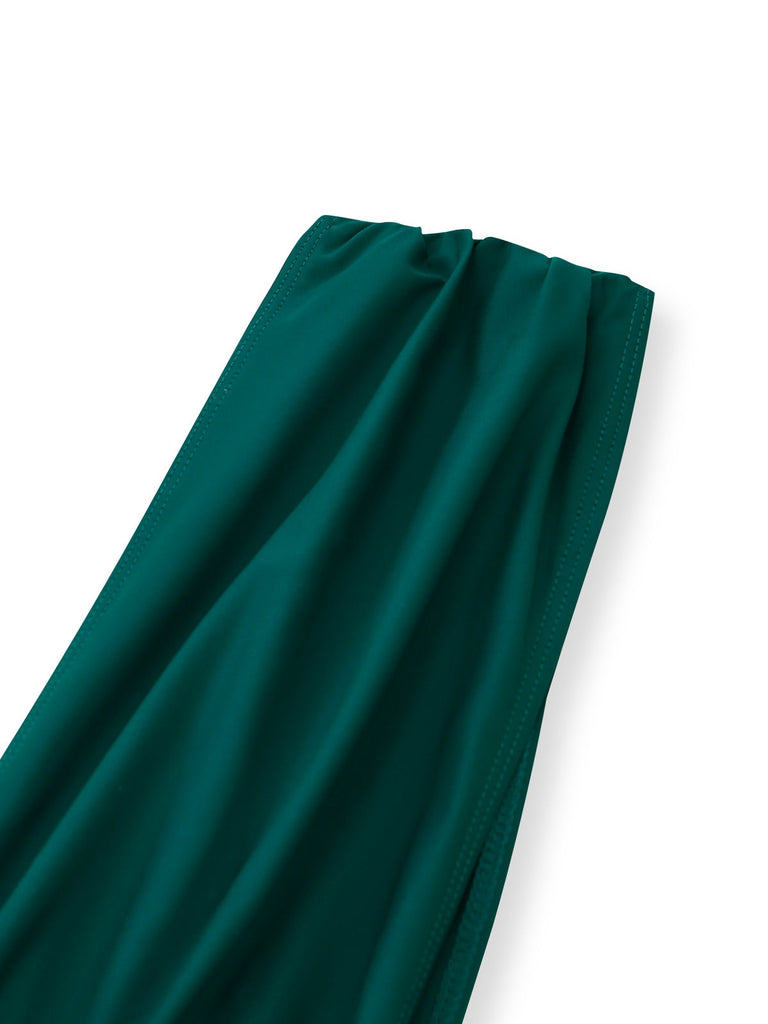 Grün-kariertes Neckholder-Bikini-Oberteil aus den 1960er Jahren mit tiefem Ausschnitt und gerafften Trägern (Nahaufnahme)