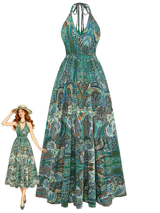 Grünes 70er Boho Maxikleid mit Tiefer V-Ausschnitt und Neckholder