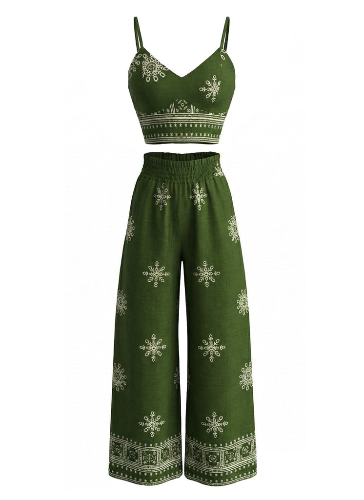 Grüne 70er Hose mit Spaghettiträger und Blumen-Print