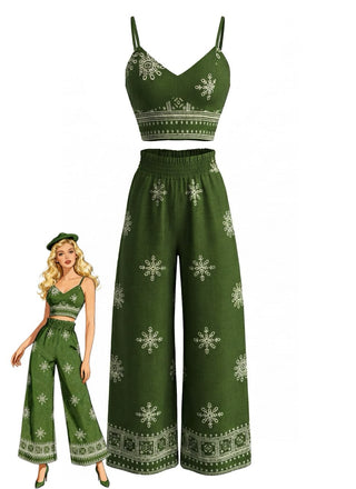 Grüne 70er Hose mit Spaghettiträger und Blumen-Print