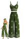 Grüne 70er Hose mit Spaghettiträger und Blumen-Print