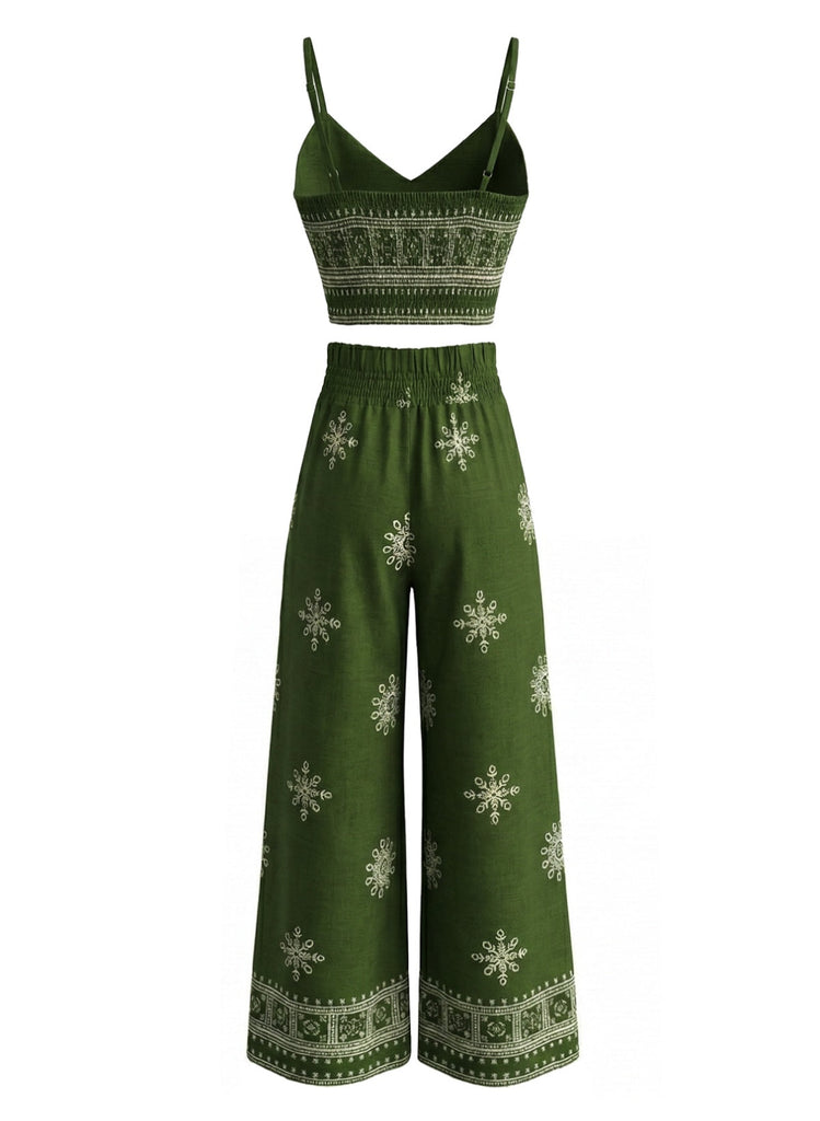 Grüne 70er Hose mit Spaghettiträger und Blumen-Print