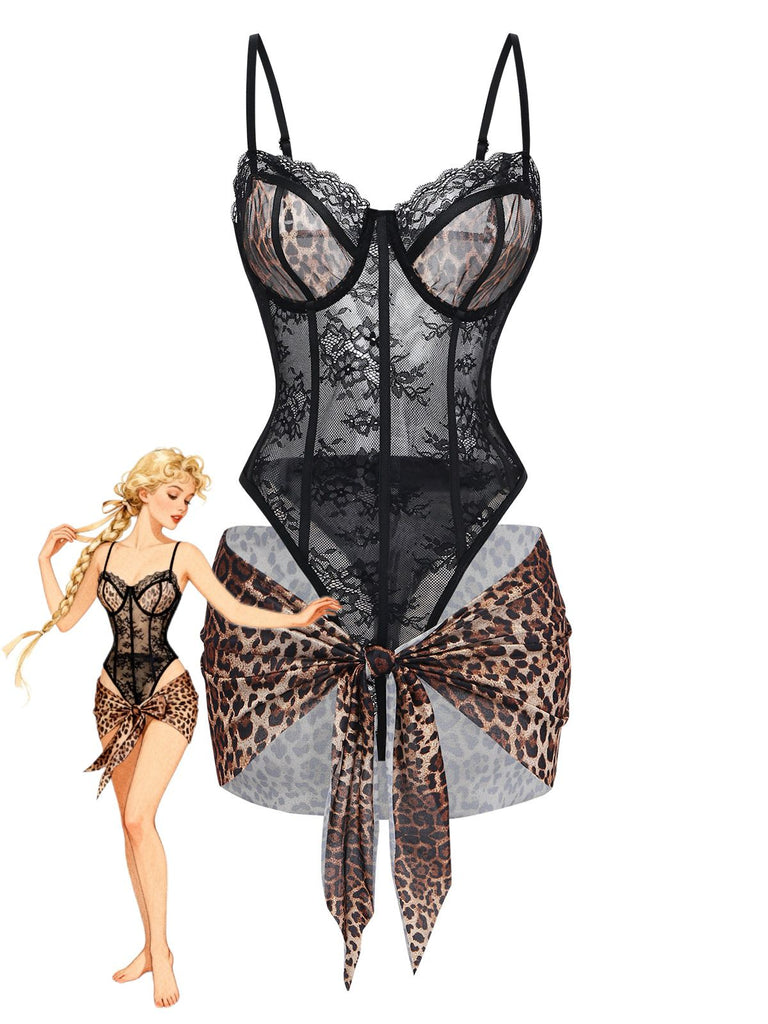 Vorderseite: Leoparden-Spitzenbody mit Schürze im Stil der 1980er-Jahre – zeitlose Schönheit, perfekt für Liebhaberinnen von Vintage-Mode.