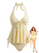 Hellgelbes Tankini-Set im Stil der 1950er Jahre mit strukturiertem Blumenmuster und tiefem V-Ausschnitt