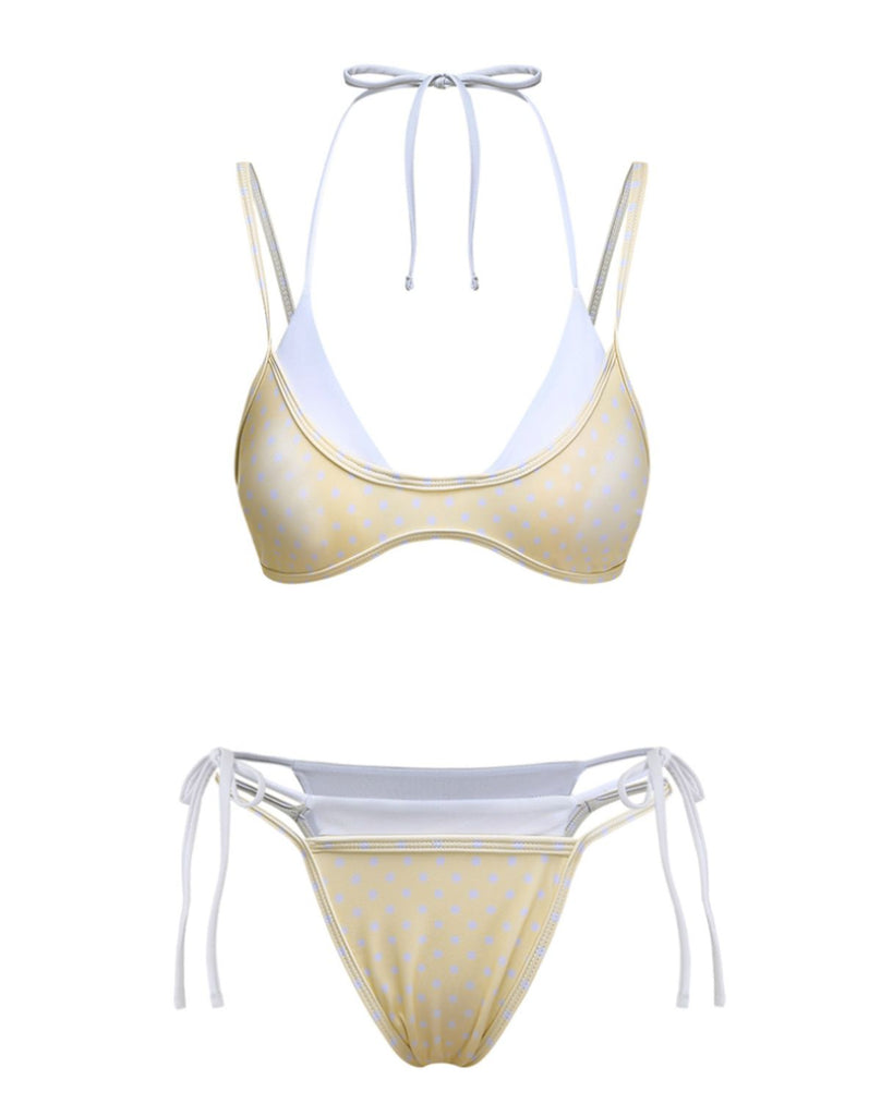 Hellgelb 1980er Zweiteiler-Optik Seitlich zum Binden Bikini Set