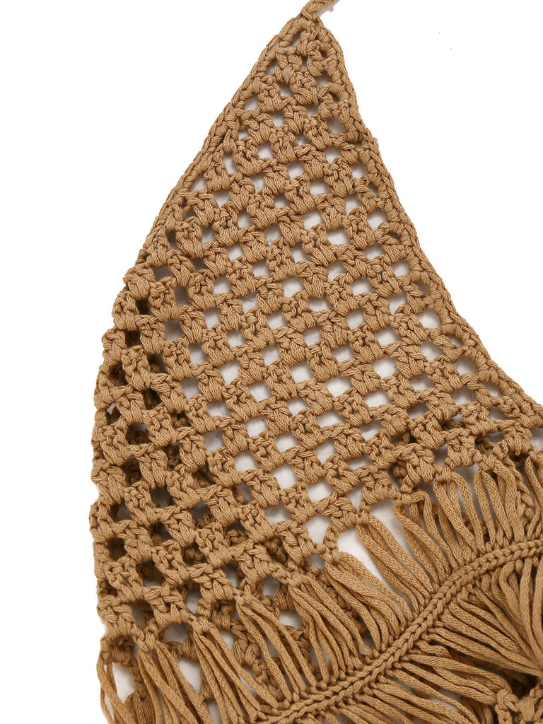 1960er Häkeln Fransen Cutout Halter Bikini Cover-Up