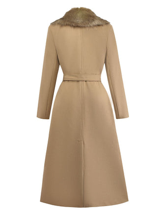 Khaki 1920er Solide Pelzkragen Gürtel Mantel