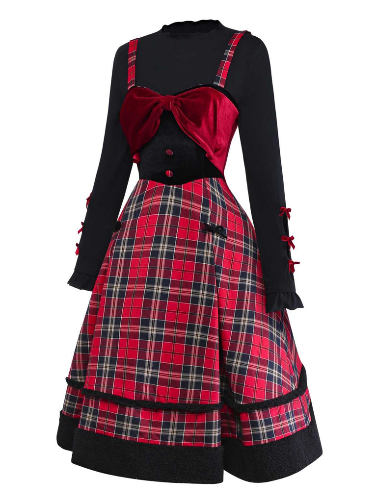 [Vorverkauf] 2PCS 1950er Samt Bogen Rollkragen Stricken Top & Plaid Kleid