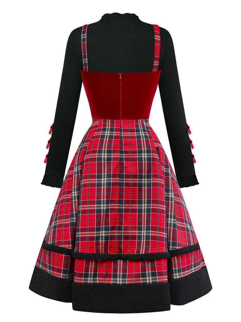 [Vorverkauf] 2PCS 1950er Samt Bogen Rollkragen Stricken Top & Plaid Kleid