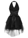 [Vorverkauf] 2PCS Schwarz 1960er Pailletten Halter Kleid & Netz Rock