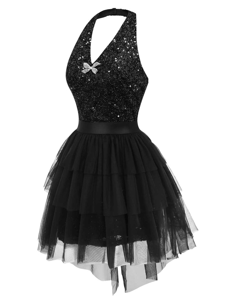 [Vorverkauf] 2PCS Schwarz 1960er Pailletten Halter Kleid & Netz Rock