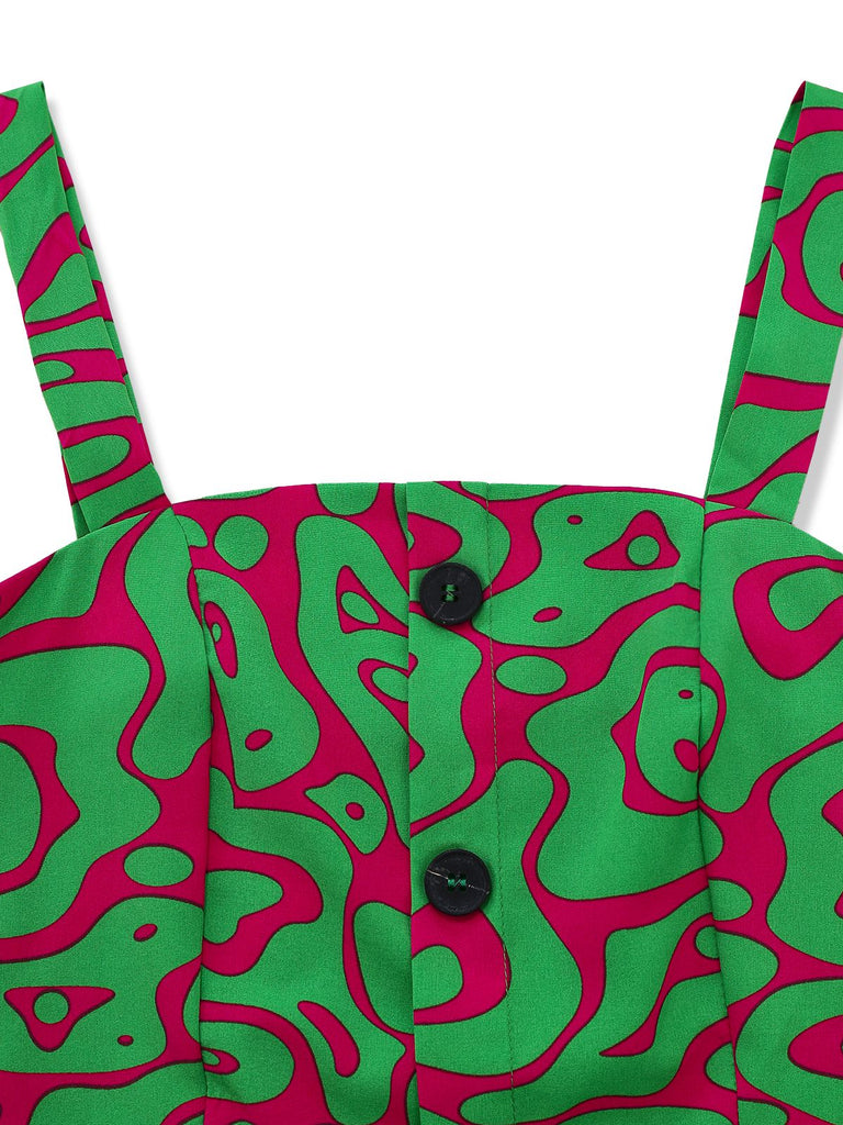 2PCS Grün 1970er Abstrakt Muster Kurz Top & Shorts