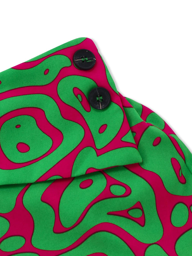 2PCS Grün 1970er Abstrakt Muster Kurz Top & Shorts