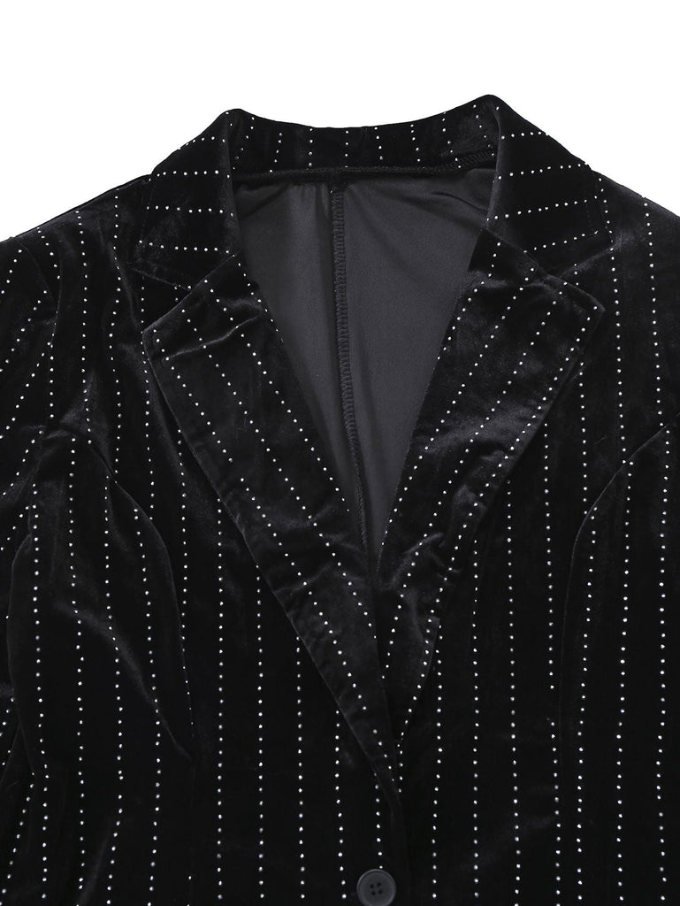 2PCS Schwarz 1960er Samt Pailletten Blazer & Hose Set