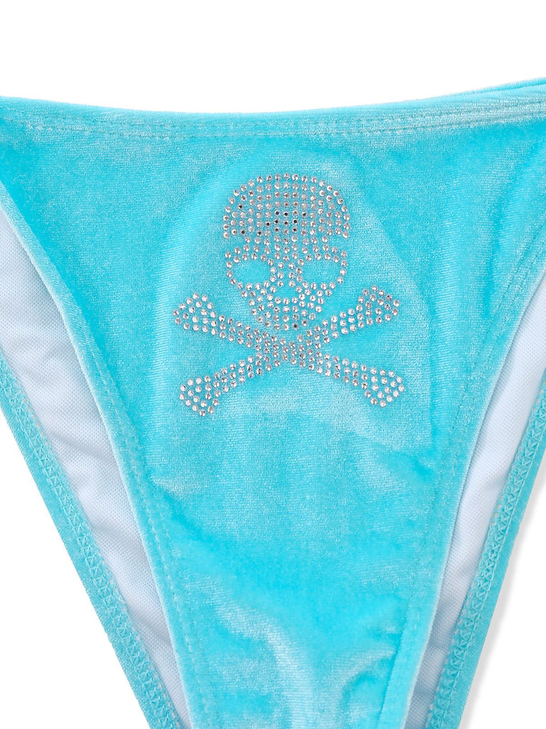 Blau 1980er Samt Strassstein Totenkopf Druck Bikini Set