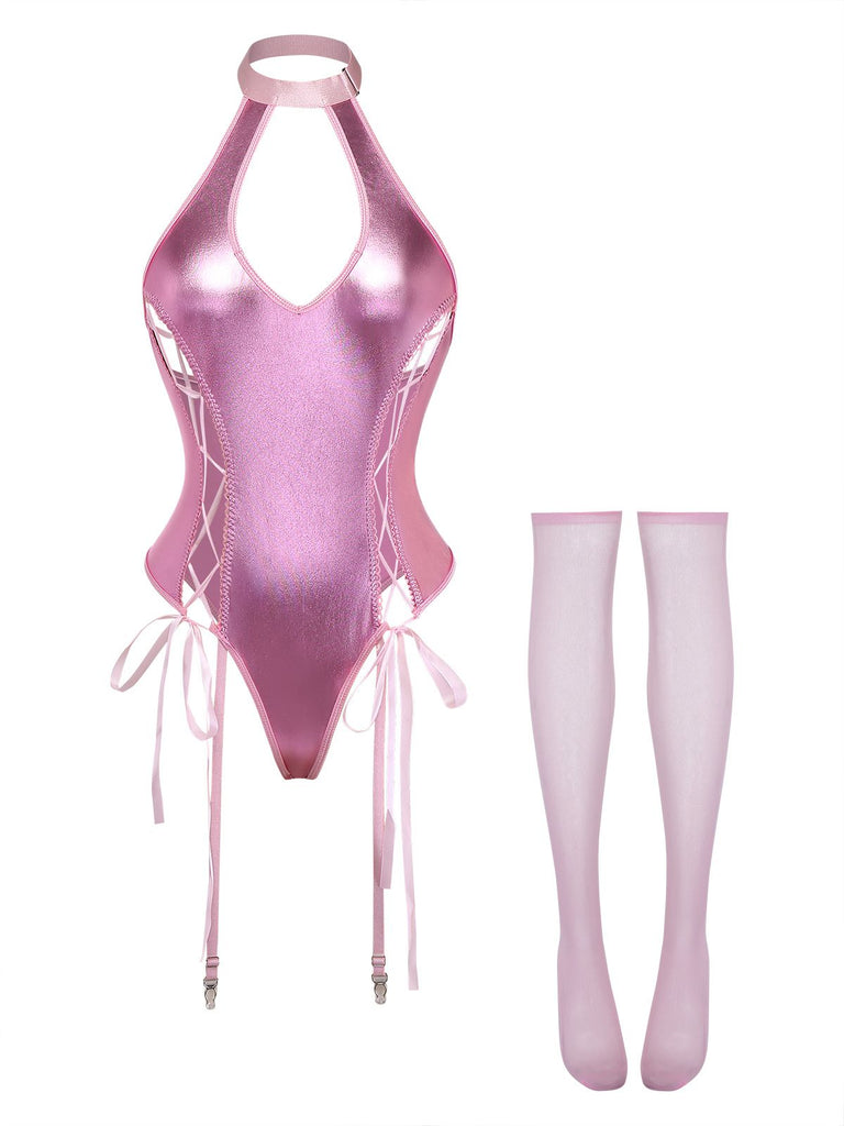 [Vorverkauf] 1980er Lack Leder Halter Schnürung Body Dessous Set