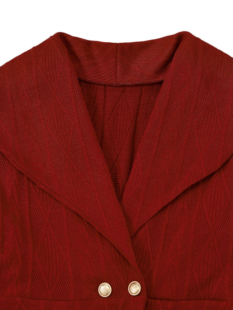 1940er Solide Stricken Groß V-Ausschnitt Tasten Kleid