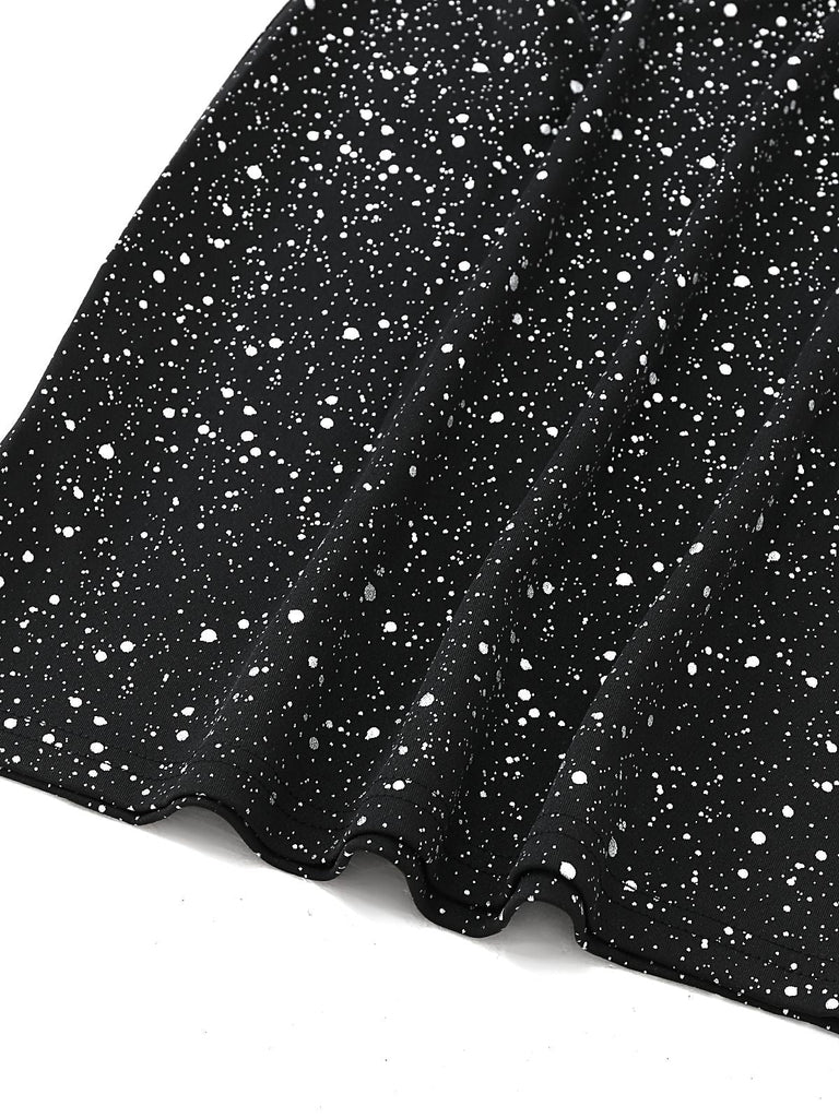 Schwarz 1980er Spitze Schulterfrei Silber Spritzer Enges Kleid