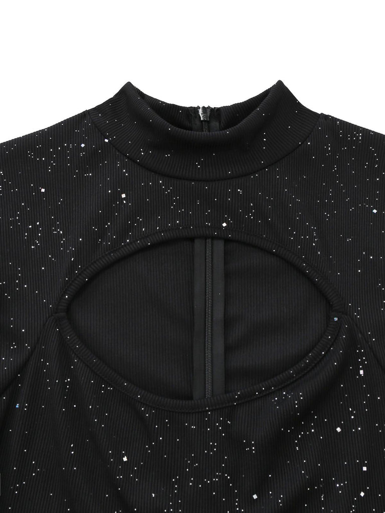 Schwarz 1930er Glitzernd Cutout Jumpsuit mit Umhang