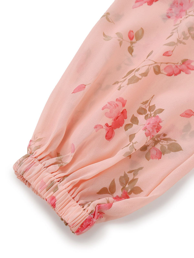 Blassrosa 1930er Blumen V-Ausschnitt Chiffon Kleid