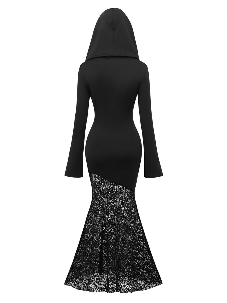 Schwarz 1970er Gothic Spitze Kreuz Kapuze Meerjungfrauen Kleid