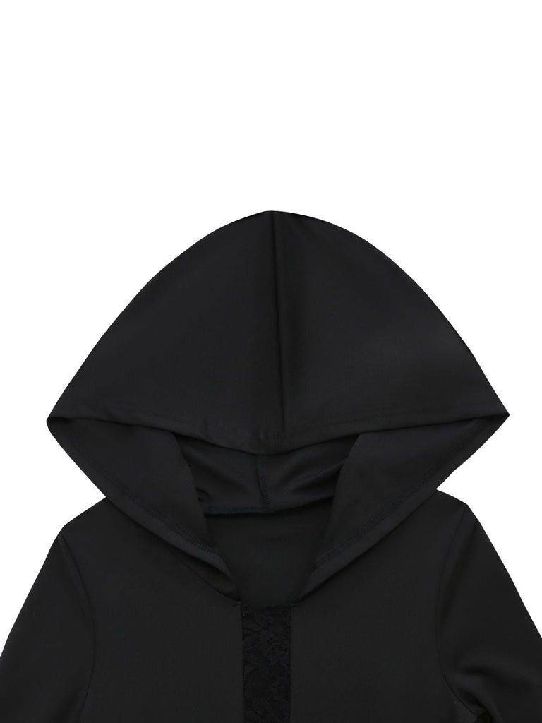Schwarz 1970er Gothic Spitze Kreuz Kapuze Meerjungfrauen Kleid