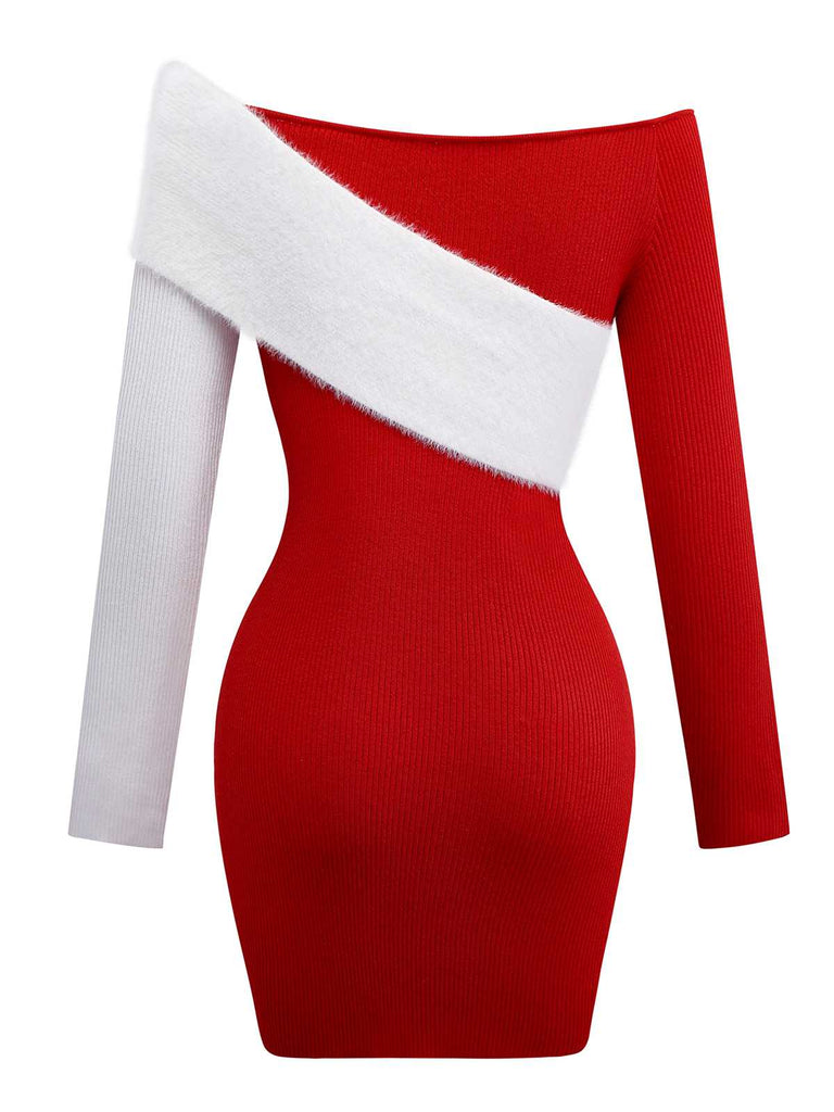 1960er Schulterfrei Farbblock Enges Kleid