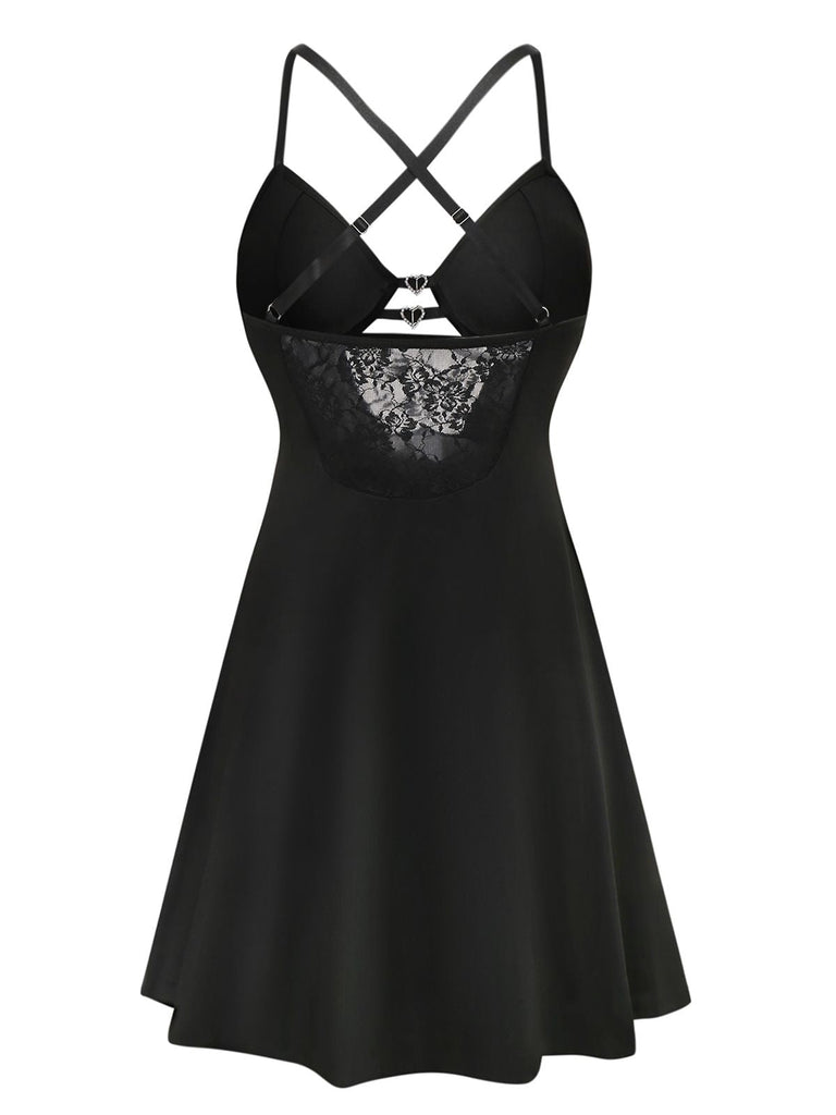 Schwarz 1950er Solide Spitze Strappy Nachthemd