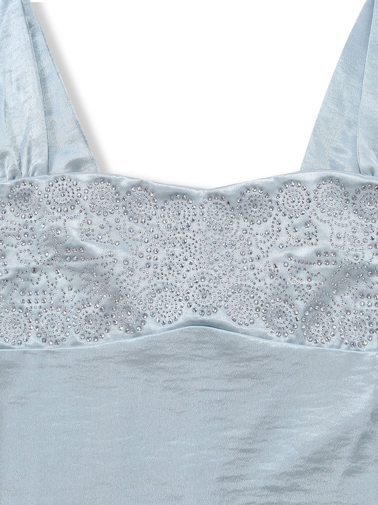 1930er Satin Strassstein Breite Träger Maxi Kleid