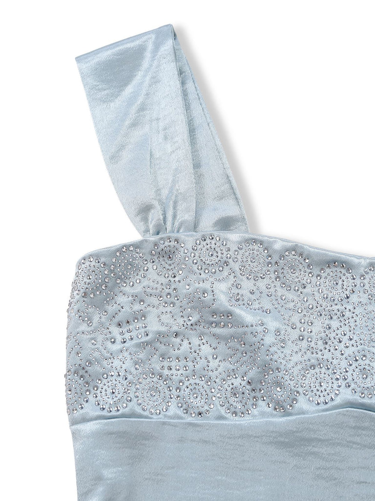 1930er Satin Strassstein Breite Träger Maxi Kleid