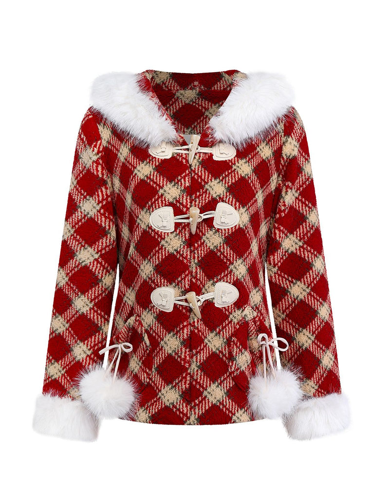 [Vorverkauf] Rot 1940er Abnehmbar Fur Kragen Plaid Fleece Mantel