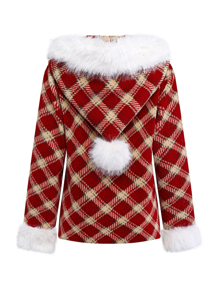 [Vorverkauf] Rot 1940er Abnehmbar Fur Kragen Plaid Fleece Mantel