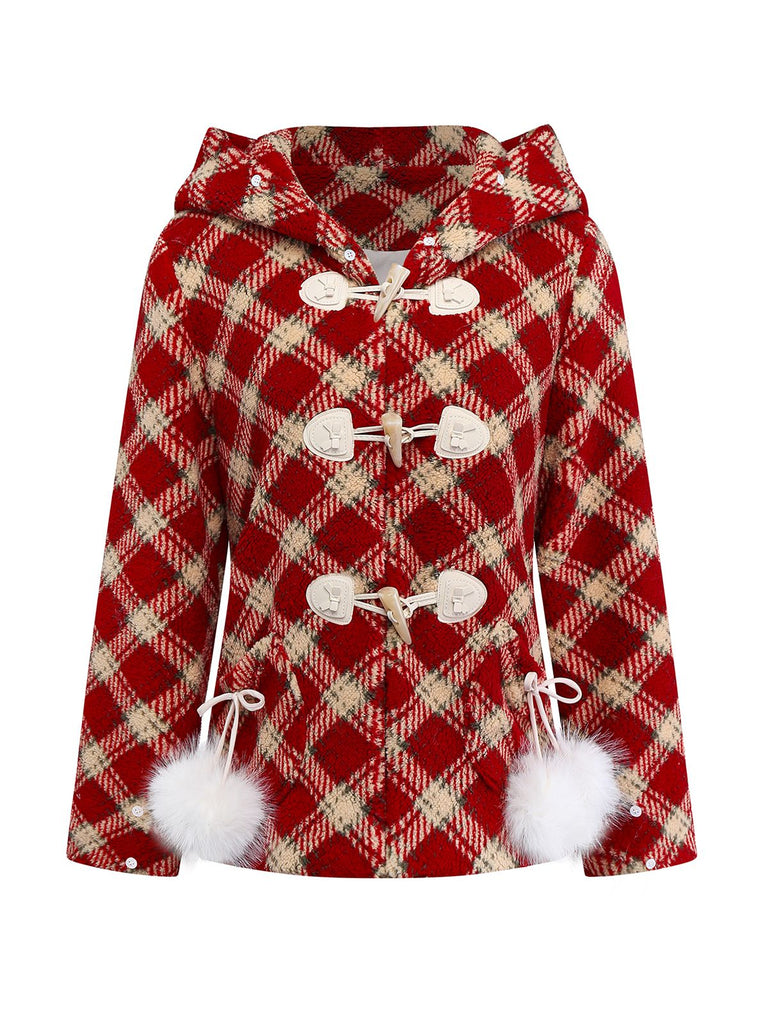 [Vorverkauf] Rot 1940er Abnehmbar Fur Kragen Plaid Fleece Mantel